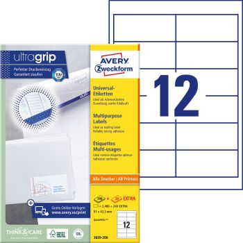 AVERY ZWECKFORM Etiketten 97x42,3mm 3659-200 weiss 2640 Stk./200+20 Blatt