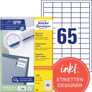 Avery zweckform etiketten 38x21,2mm 3666 weiss 6500 stk./100 blatt - Avery-zweckform-3666-4004182036662