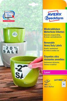 AVERY ZWECKFORM Folienetiketten 63,5x33,9mm L4773REV-20 weiss-non-perm.480 St./20 Bl.