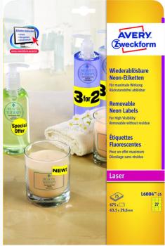 AVERY ZWECKFORM Etiketten 63,5x29,6mm L6004-25 gelb,non-perm. 675 Stk./25 Bl.