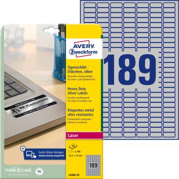 AVERY ZWECKFORM Typenschild-Labels 25,4x10mm L6008-20 silber, Laser 3780 St./20 Bl.