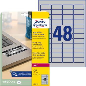 AVERY ZWECKFORM Typenschild-Labels 45,7x21,2mm L6009-20 silber, Laser 960 St./20 Blatt