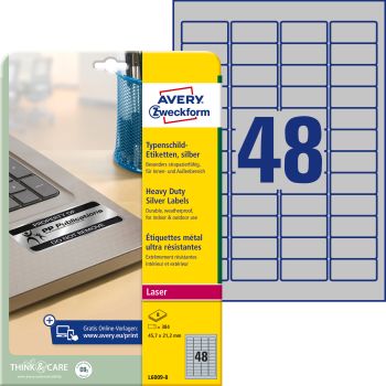 AVERY ZWECKFORM Typenschild Labels 45,7x21,2mm L60098 silber 384 Stück/8 Blatt