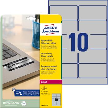 AVERY ZWECKFORM Typenschild-Labels 96x50,8mm L6012-20 silber, Laser 200 St./20 Blatt