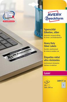 AVERY ZWECKFORM Typenschild-Labels 210x297mm L6013-20 silber,Laser 20 St./20 Blatt