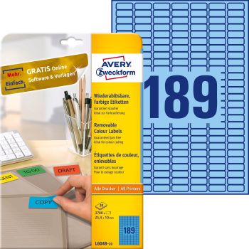 AVERY ZWECKFORM Etiketten 25,4x10mm L6048-20 blau 3780Stk./20Bl.