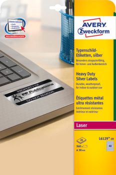 AVERY ZWECKFORM Typenschild Label 30mm L612920 silber,rund 960 Stück/20 Blatt
