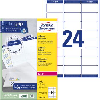 AVERY ZWECKFORM Adressetiketten 63,5x33,9mm L7159-100 weiss 2400 Stk./100 Blatt