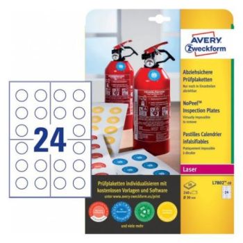 AVERY ZWECKFORM Prüfplaketten 30mm L7802-10 weiss, non-perm. 10 Bl.240Stk.