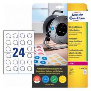 AVERY ZWECKFORM Prüfplaketten 30mm L7804-10 weiss, non-perm. 10 Bl.240Stk.
