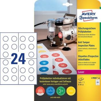AVERY ZWECKFORM Prüfplaketten 30mm L7806-10 weiss, perm. 10 Bl.240Stk.
