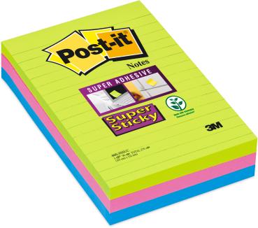 Post-it block super sticky 102x152mm 660-3ssuc 3-farbig ass.,3x90bl.,liniert - Post-it-660-3ssuc-0051135813324