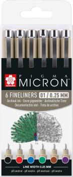 SAKURA Pigma Micron 01 Set 0.25mm POXSDK016 Basic Farben 6 Stück