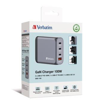 Verbatim charger 100w gan grey 32202 3xusb-c 1xusb-a +adapter uk/us - Verbatim-32202-0023942322023-02.jpg