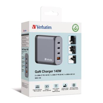 Verbatim charger 140w gan grey 32203 3xusb-c 1xusb-a +adapter uk/us - Verbatim-32203-0023942322030-02.jpg