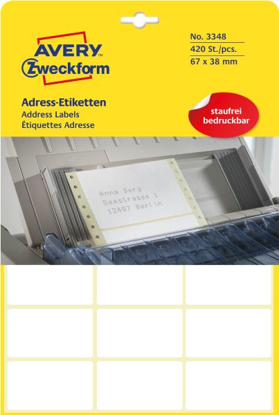 Avery zweckform adress-etiketten 67x38mm 3348 weiss, permanent 20bl./21stk. - Avery-zweckform-3348-4004182033487