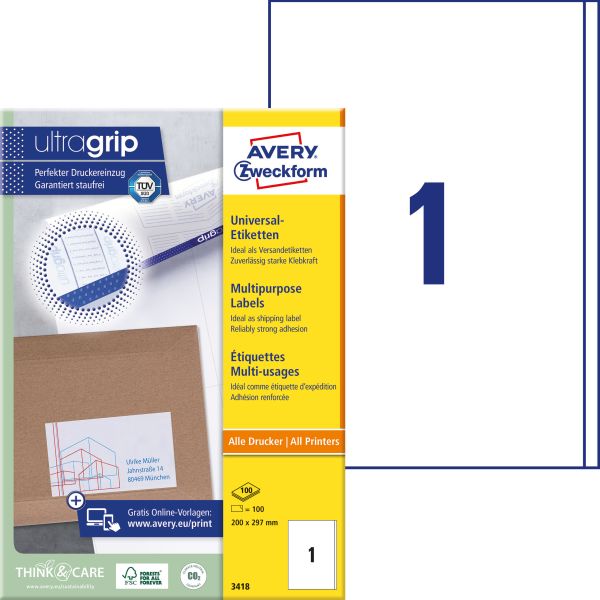 Avery zweckform etiketten 200x297mm 3418 weiss 100 stk./100 blatt - Avery-zweckform-3418-4004182034187