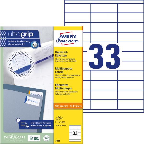 AVERY ZWECKFORM Universal-Etiketten 70x25,4mm 3421 weiss 3300 Stk./100 Blatt