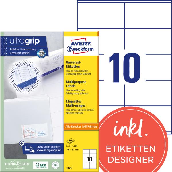 Avery zweckform etiketten 105x57mm 3425 weiss 1000 stk./100 blatt - Avery-zweckform-3425-4004182034255