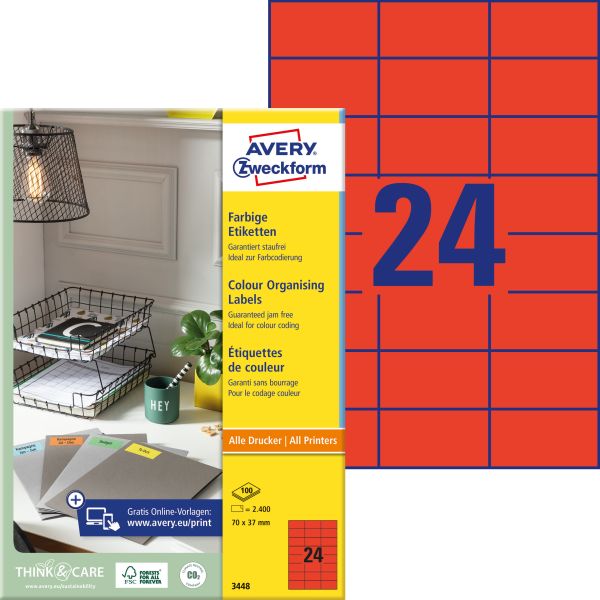Avery zweckform etiketten 70×37mm 3448 rot 2400 stück - Avery-zweckform-3448-4004182034484