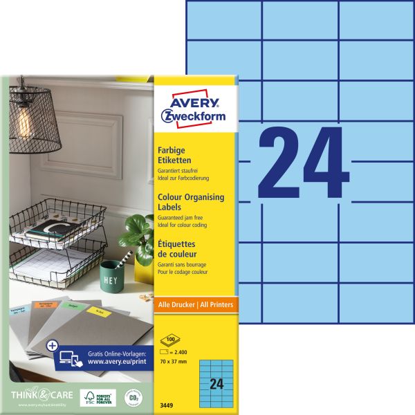 Avery zweckform etiketten 70x37mm 3449 universal, blau 100bl./24st. - Avery-zweckform-3449-4004182034491