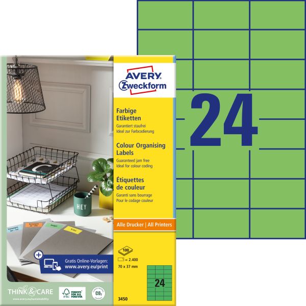 Avery zweckform etiketten 70×37mm 3450 grün 2400 stück - Avery-zweckform-3450-4004182034507