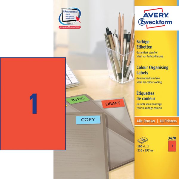 Avery zweckform etiketten a4 3470 rot 100 stück - Avery-zweckform-3470-4004182034705