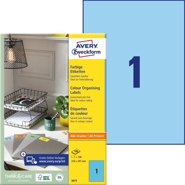 Avery zweckform etiketten a4 3471 blau 100 stück - Avery-zweckform-3471-4004182034712