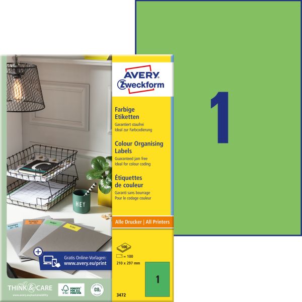 Avery zweckform etiketten a4 3472 grün 100 stück - Avery-zweckform-3472-4004182034729