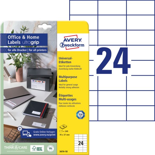 Avery zweckform universal-etiketten 70x37mm 3474-10 weiss 240 stk./10 blatt - Avery-zweckform-3474-10-4004182617571