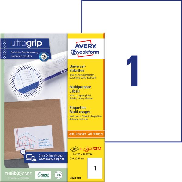 Avery zweckform etiketten 210x297mm 3478-200 weiss 220 stk./200+20 blatt - Avery-zweckform-3478-200-4004182249628