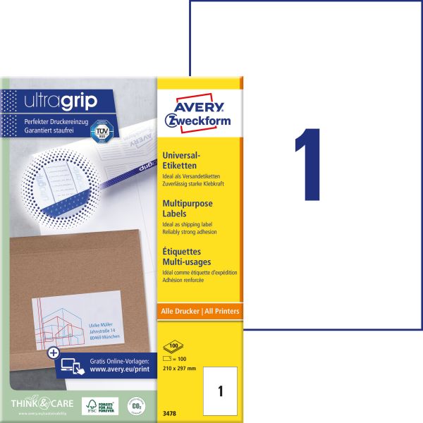 Avery zweckform universal-etiketten 210x297mm 3478 weiss 100 stk./100 blatt - Avery-zweckform-3478-4004182034781