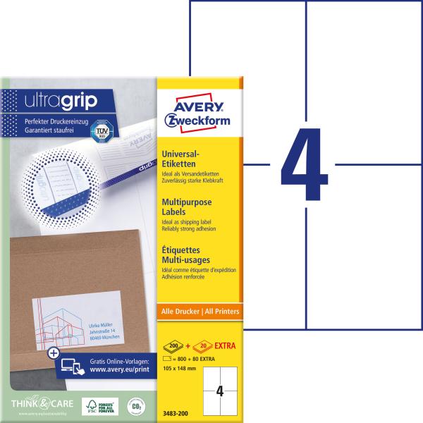 AVERY ZWECKFORM Universaletiketten 105x148mm 3483-200 weiss 880 Stk./200+20 Blatt