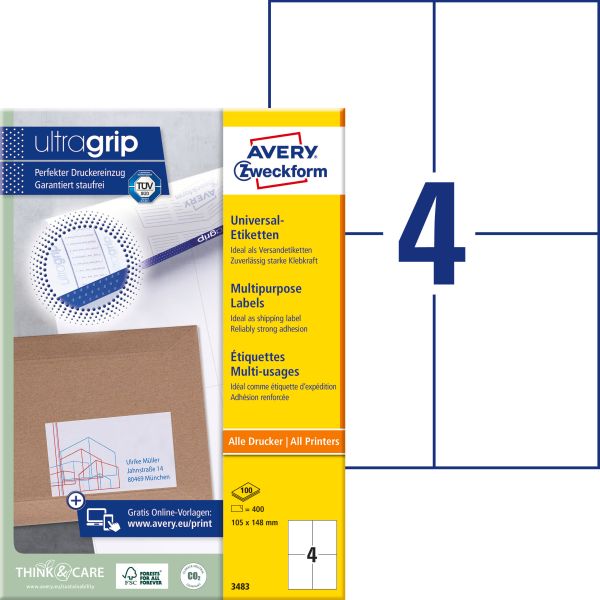 Avery zweckform universal-etiketten 105x148mm 3483 weiss 400 stk./100 blatt - Avery-zweckform-3483-4004182034835