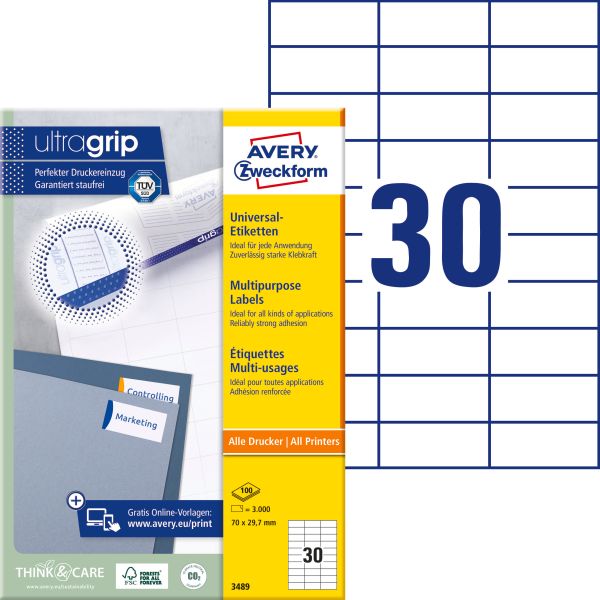 Avery zweckform universal-etiketten 70x29.7mm 3489 weiss 3000 stk./100 blatt - Avery-zweckform-3489-4004182034897