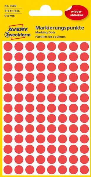 Avery zweckform markierungspunkte 8mm 3589 rot, ablösbar 4 blatt - Avery-zweckform-3589-4004182035894
