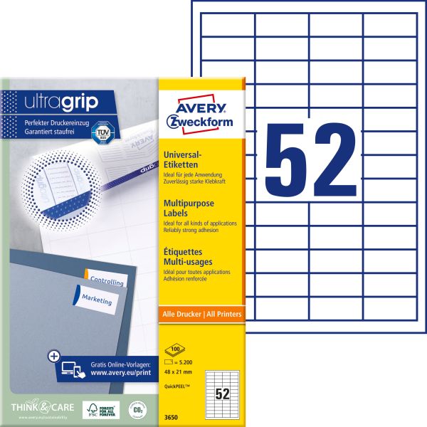 Avery zweckform etiketten 48x21mm 3650 weiss 5200 stk./100 blatt - Avery-zweckform-3650-4004182036501