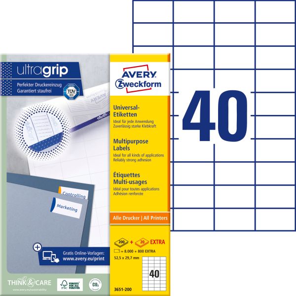 Avery zweckform etiketten 52,5×29,7mm 3651-200 weiss 8800 stk./200+20 blatt - Avery-zweckform-3651-200-4004182249482