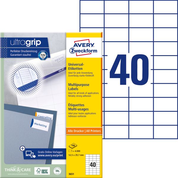 Avery zweckform universal-etikett. 52,5x29,7mm 3651 weiss 4000 stk./100 blatt - Avery-zweckform-3651-4004182036518
