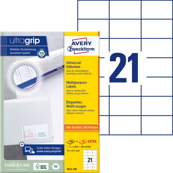 Avery zweckform etiketten 70x42,3mm 3652-200 weiss 4620 stk./200+20 blatt - Avery-zweckform-3652-200-4004182249529