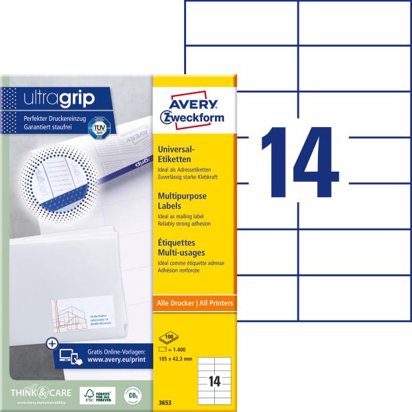 AVERY ZWECKFORM Universal-Etiketten 105x42,3mm 3653 weiss 1400 Stk./100 Blatt