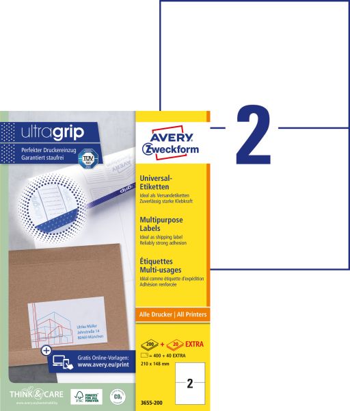 Avery zweckform etiketten 210×148mm 3655-200 weiss 440 stk./200+20 blatt - Avery-zweckform-3655-200-4004182249611