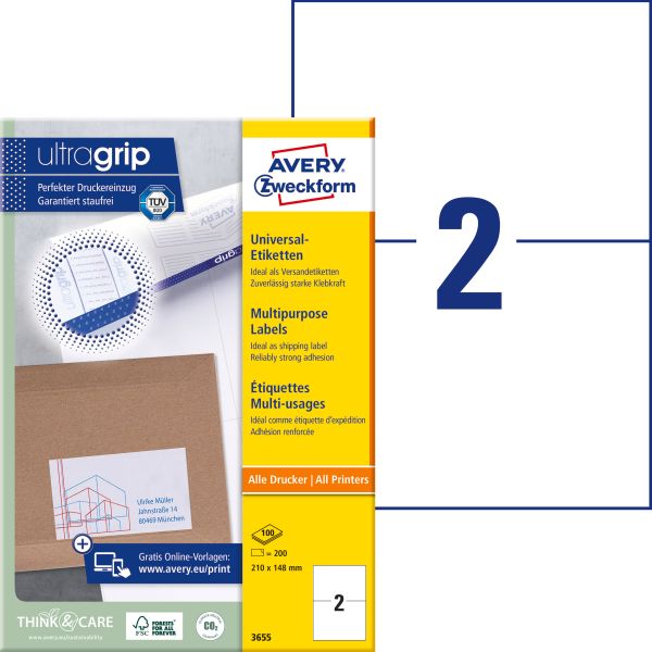 Avery zweckform etiketten 210x148mm 3655 weiss 200 stk./100 blatt - Avery-zweckform-3655-4004182036556