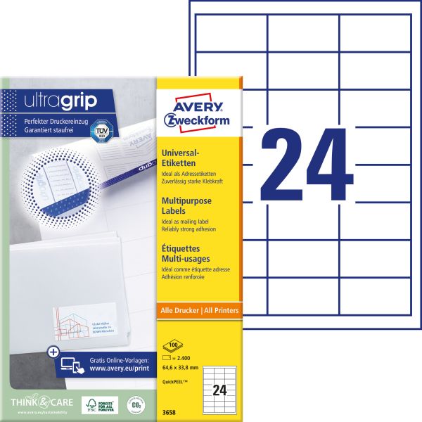 Avery zweckform universal-etikett. 64.6x33.8mm 3658 weiss 2400 stk./100 blatt - Avery-zweckform-3658-4004182036587