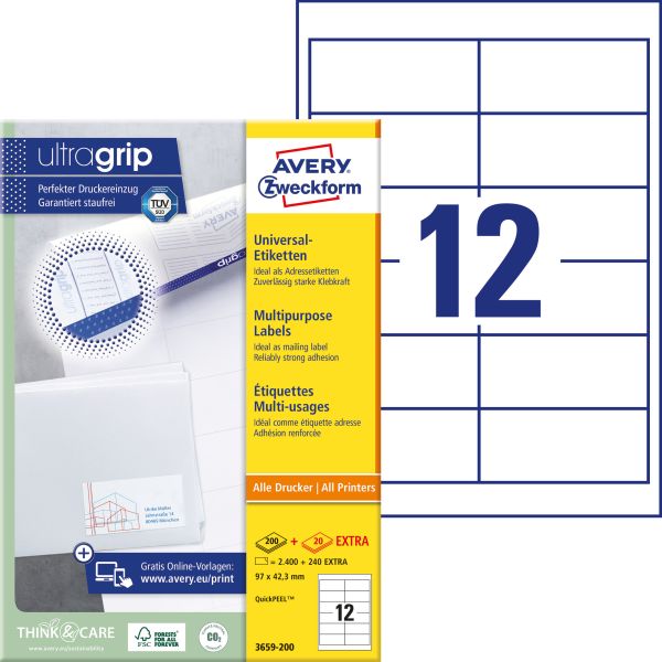 Avery zweckform etiketten 97x42,3mm 3659-200 weiss 2640 stk./200+20 blatt - Avery-zweckform-3659-200-4004182249543