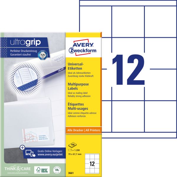 Avery zweckform etiketten 70×67,7mm 3661 weiss 1200 stk./100 blatt - Avery-zweckform-3661-4004182036617