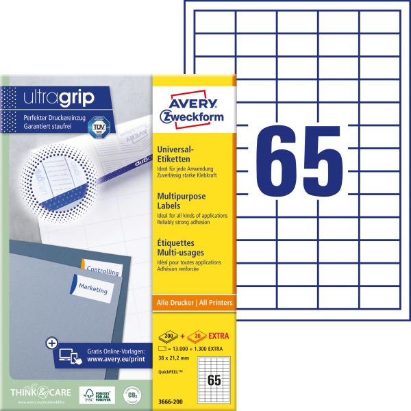 Avery zweckform etiketten 38x21,2mm 3666-200 weiss 14300 stk./200+20 blatt - Avery-zweckform-3666-200-4004182249451