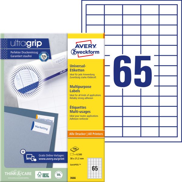 Avery zweckform etiketten 38x21,2mm 3666z weiss 6500 stk./100 blatt - Avery-zweckform-3666z-4004182036662