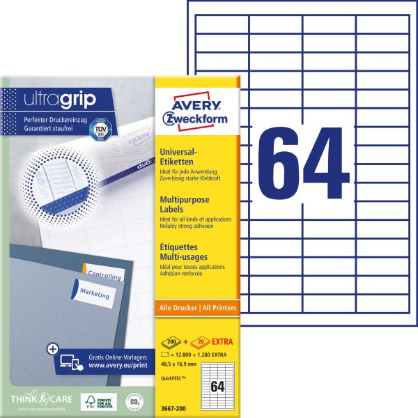 Avery zweckform etiketten 48,5×16,9mm 3667-200 weiss 14080 stk./200+20 blatt - Avery-zweckform-3667-200-4004182249475