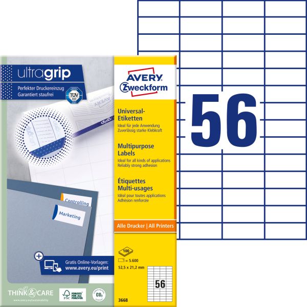 Avery zweckform universal-etikett. 52,5x21,2mm 3668 weiss 5600 stk./100 blatt - Avery-zweckform-3668-4004182036686
